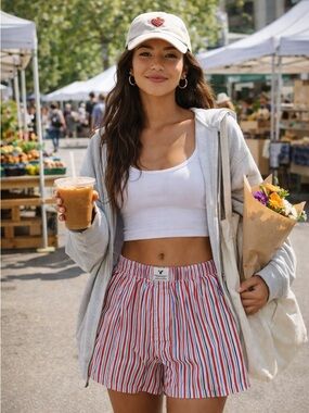 AE Striped Boxer Shorts Red, White, & Blue Cotton Relaxed Fit Cozy Summer M